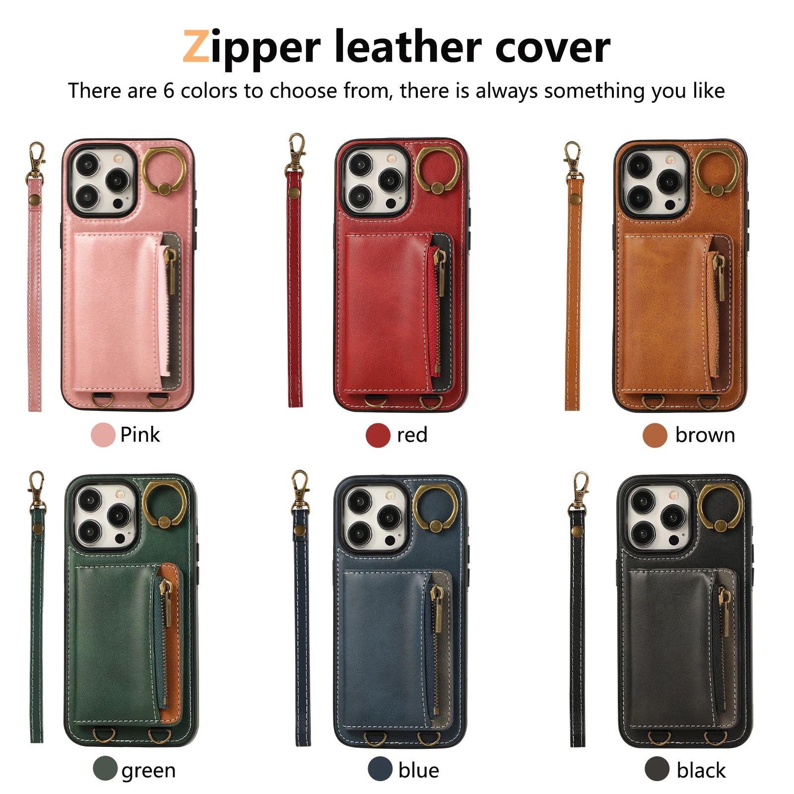 Zipper Cards Bag Ring Holder Leather Wallet Case For iPhone Stand Strap Purse Cover