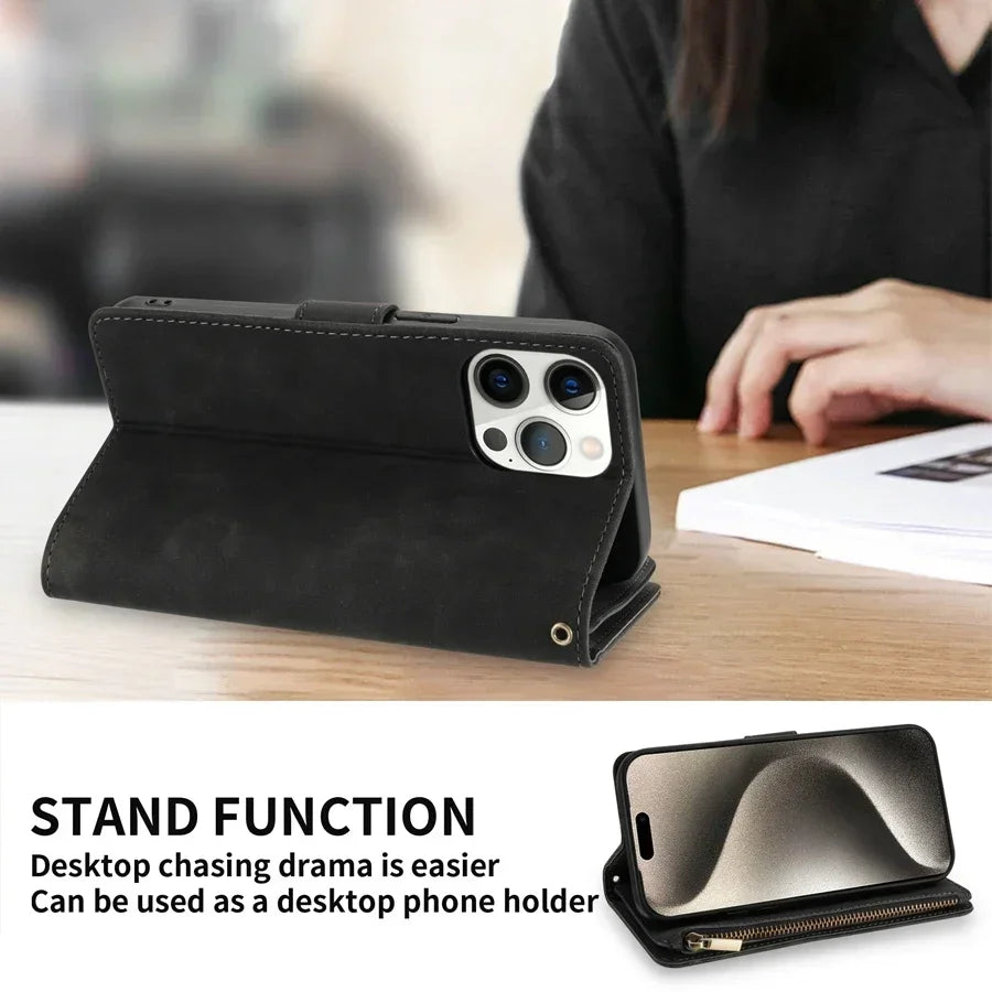 Classic Wallet Multi-Card Zipper Leather Case with Kickstand & Magnetic Flip for iPhone 16 15 14 13 12 11 Pro Max Plus