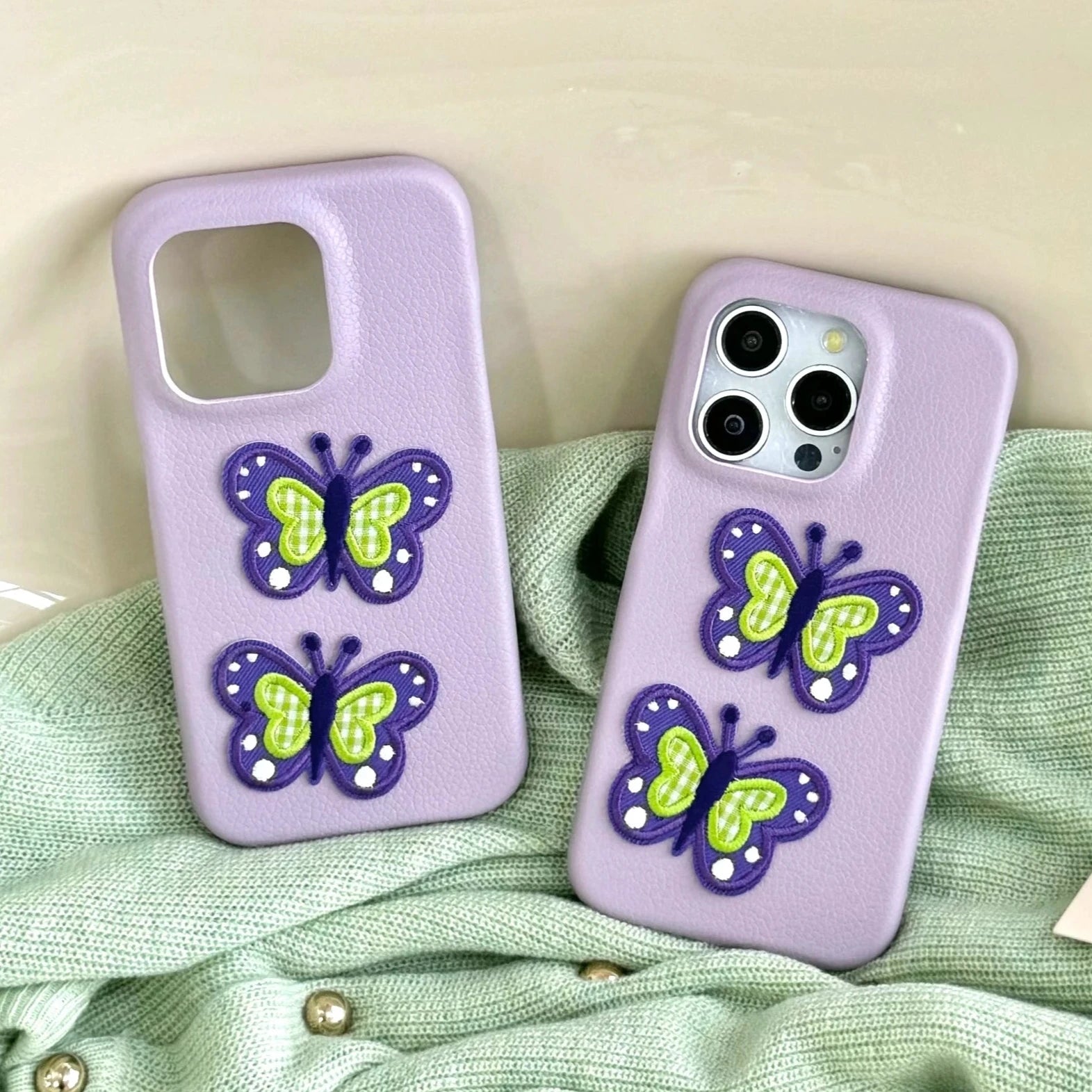 Purple Background Embroidery Butterfly Leather Phone Case for iPhone