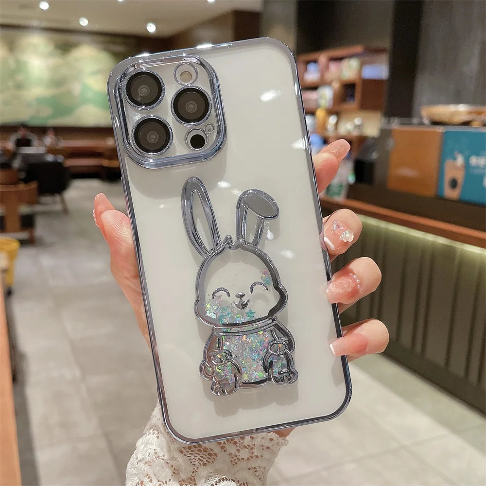 Cute Rabbit & Bear Quicksand Glitter Case for iPhone Transparent Camera Protector Cover