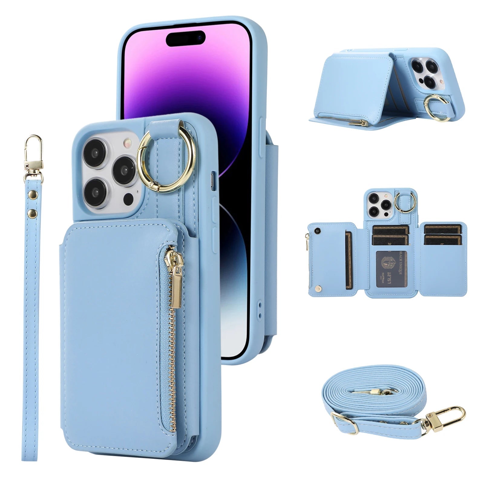 5-Card Slot Zipper Leather Wallet Phone Case for iPhone – Dual Layer, Ring Holder, Crossbody & Anti-Drop Cover with Long & Short Straps