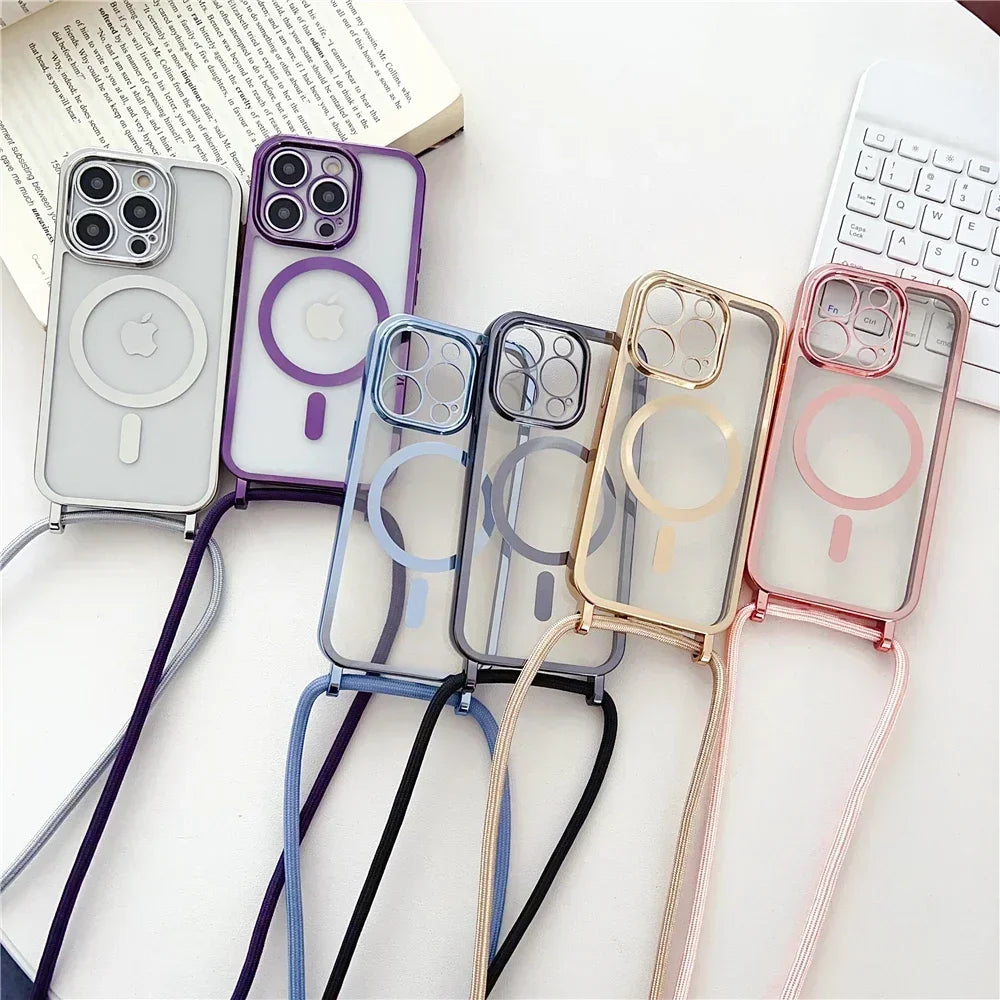 Crossboby Lanyard Clear Phone Case For iPhone Magsafe Magnetic Rope Strap Cover