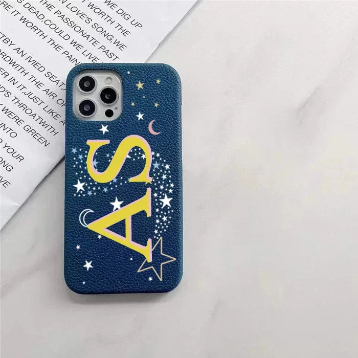 Personalised Initial letters Pebble Grain Leather Case for iphone 11 12 14 13 15 16Pro Max XS Max XR 16 Plus Covers Moon & Stars