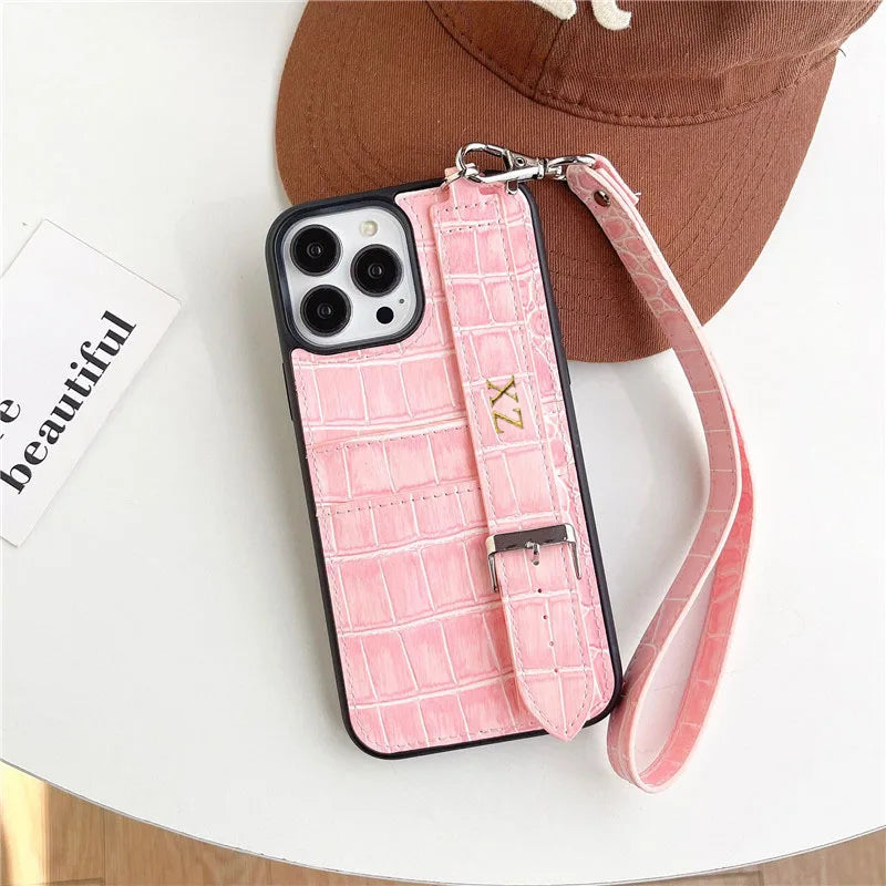 Customized Gold Letters PU Leather Card Holder Cases For iphone 12 13 14 15 16 Pro Max Pro Plus Luxury Wrist Strap hard Cover