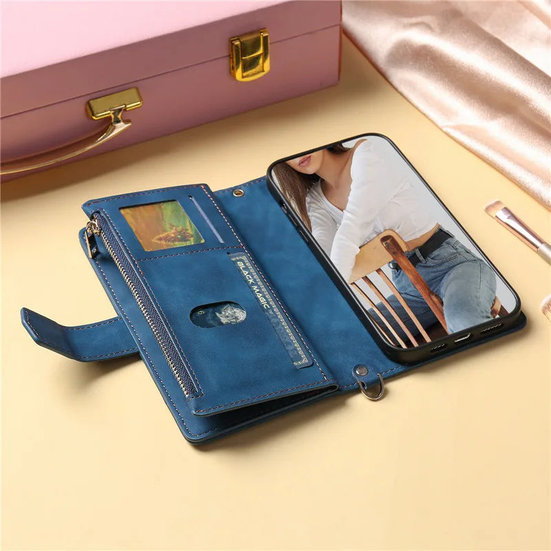 Long Lanyard Flip Leather Phone Case For iPhone Zipper Wallet Card Cover