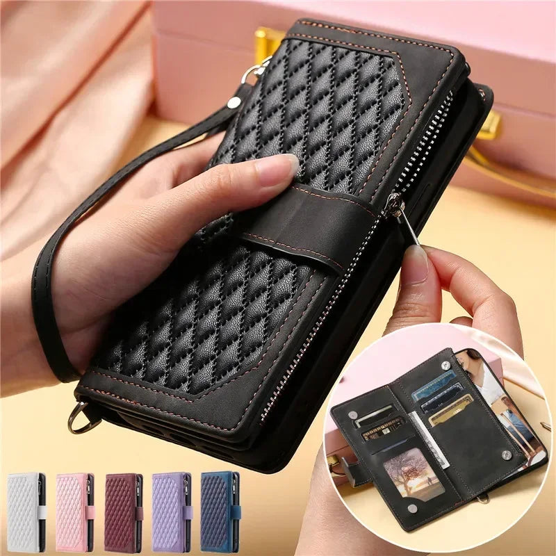 Long Lanyard Flip Leather Phone Case For iPhone Zipper Wallet Card Cover