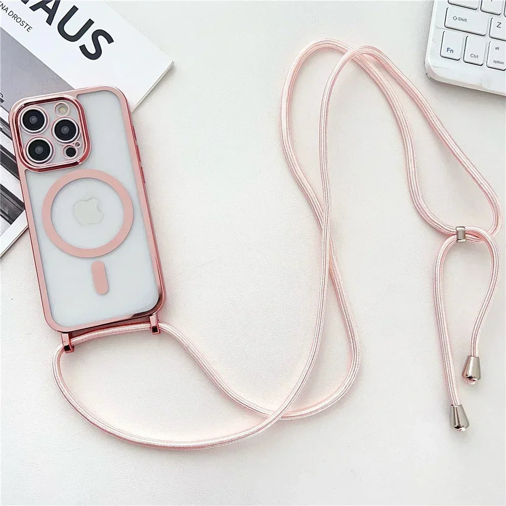 Crossboby Lanyard Clear Phone Case For iPhone Magsafe Magnetic Rope Strap Cover