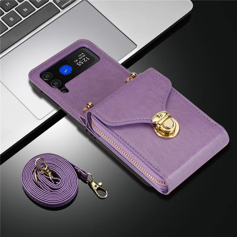 Lanyard Leather Zipper Wallet Card Slot Phone Case for Samsung Galaxy Z Flip 3/4/5