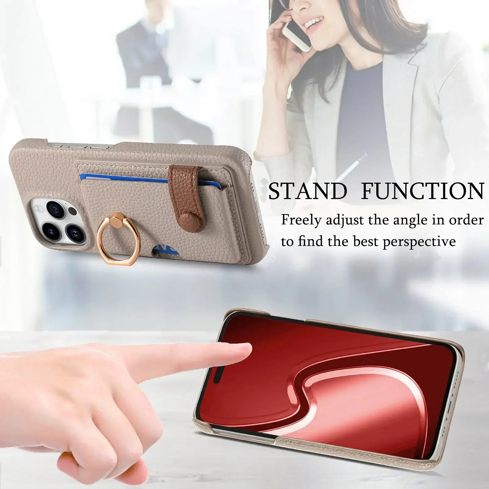 Leather Ring Support Phone Case for IPhone | Wallet with Card Holder Shockproof Cover