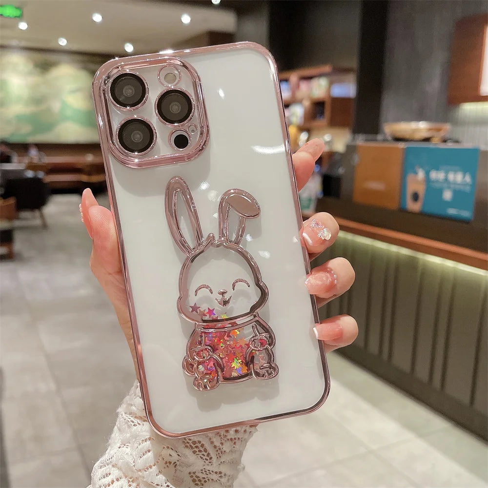 Cute Rabbit Quicksand Glitter Case for iPhone Transparent Camera Protector Cover