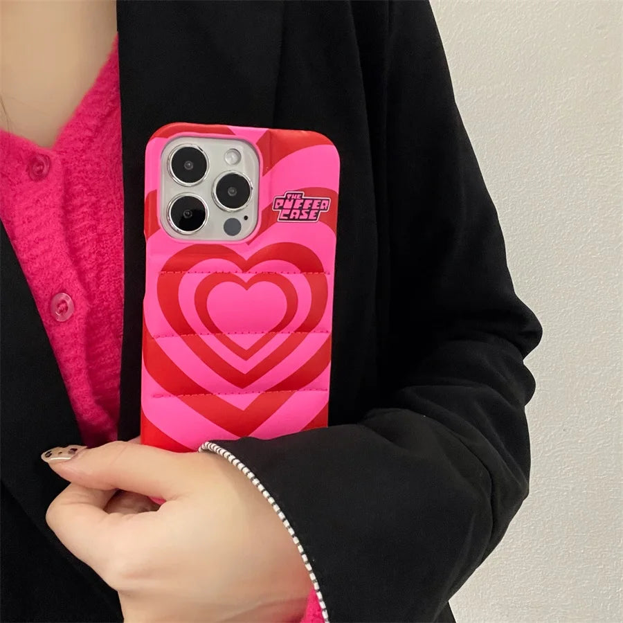 Gradient Love Heart The Puffer Phone Case For iPhone Down Jacket Soft Phone Cover Case