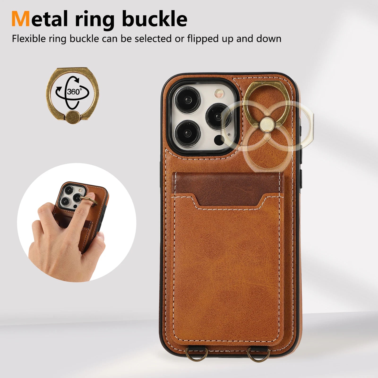 Vertical Cards Solt Ring Holder Leather Wallet Case For iPhone Stand Strap Bag Cover