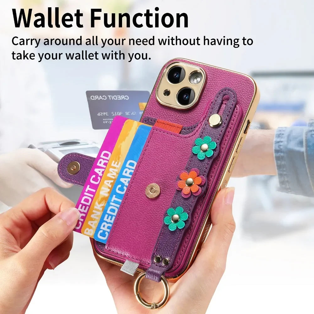 Flower Leather Wallet Phone Case For iPhone 15 14 13 12 11 Pro Max Plus Wrist Strap Ring Card Slot Holder PU Cover