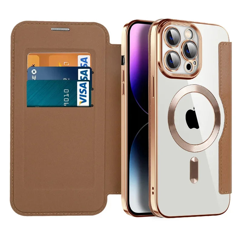 Wireless Charging Flip Leather Phone Case For iPhone Senior Clear Shockproof Business Card Slot Cover