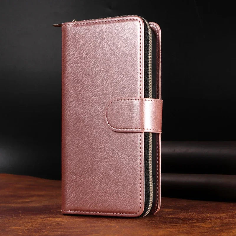 9 Card Slot Zipper Wallet Phone Case for iPhone 16 15 14 13 12 11 Pro Max Plus Mini X XR – PU Leather, Flip Cover, Hand Strap, Kickstand, Magnetic Closure