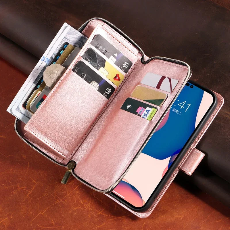 9 Card Slot Zipper Wallet Phone Case for iPhone 16 15 14 13 12 11 Pro Max Plus Mini X XR – PU Leather, Flip Cover, Hand Strap, Kickstand, Magnetic Closure