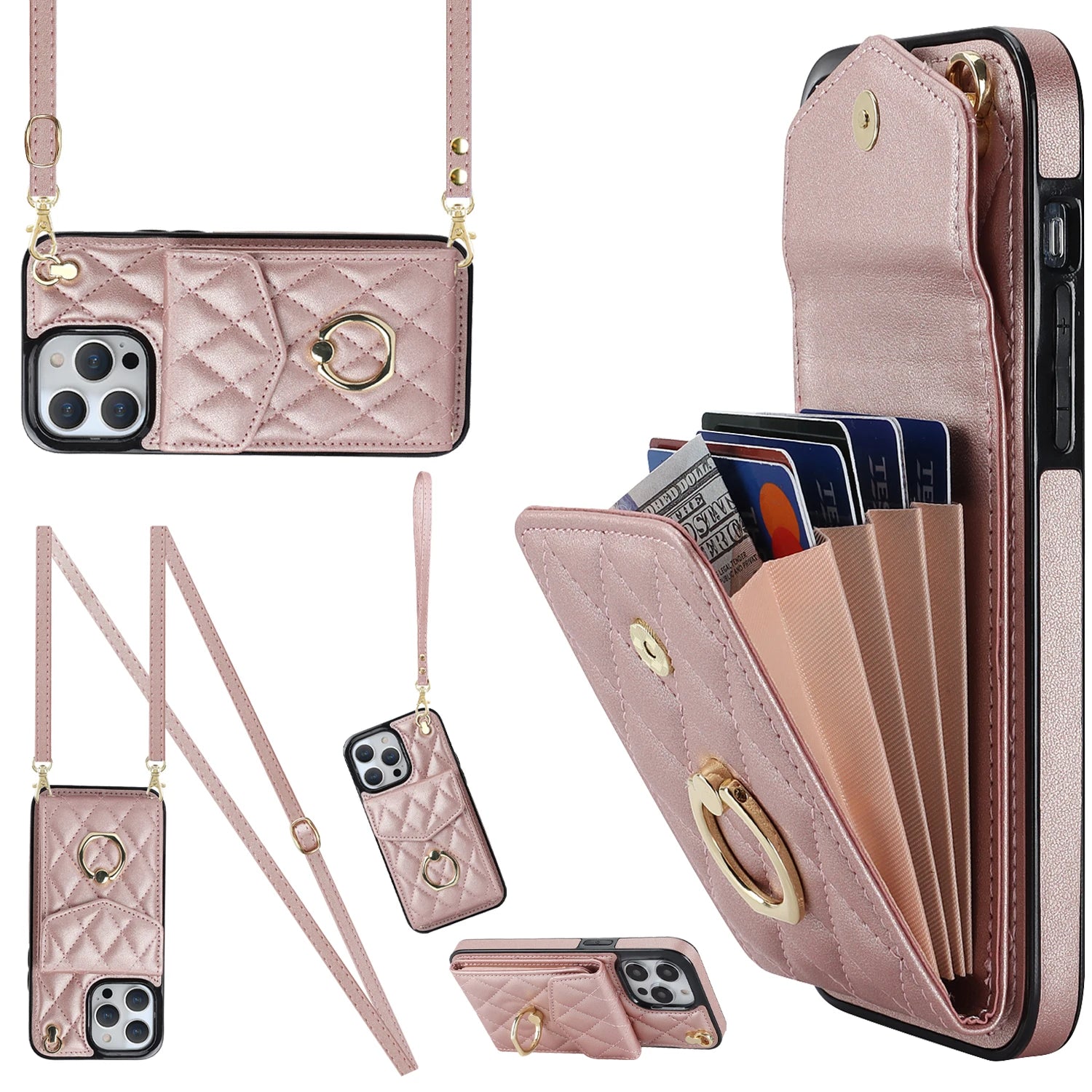 Luxury Leather Wallet Crossbody Phone Case for iPhone Multi Card Slot Lanyard Ring Holder Cover