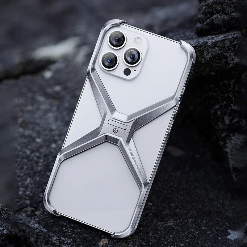 Aluminum Alloy Rimless Phone Case For iPhone | Metal X Type Removable Heat Dissipation Armor Cover