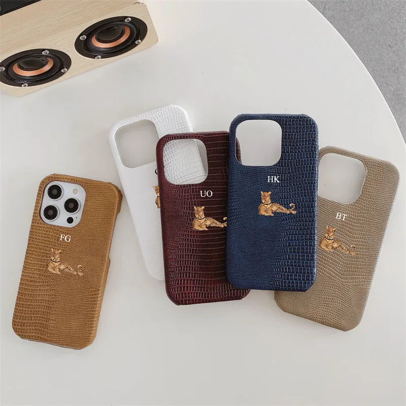 Personalized Initial Name Lizard Leopard PU Leather Case for iPhone 11-16 Pro Max｜Luxury Hard Half-Wrapped Cover