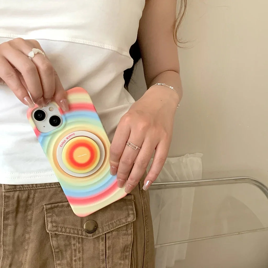 2in1 Rainbow Circle Ripple Pattern Matte With Holder Magnetic Wireless Charging Phone Cover Case