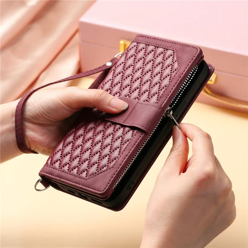 Long Lanyard Flip Leather Phone Case For iPhone Zipper Wallet Card Cover