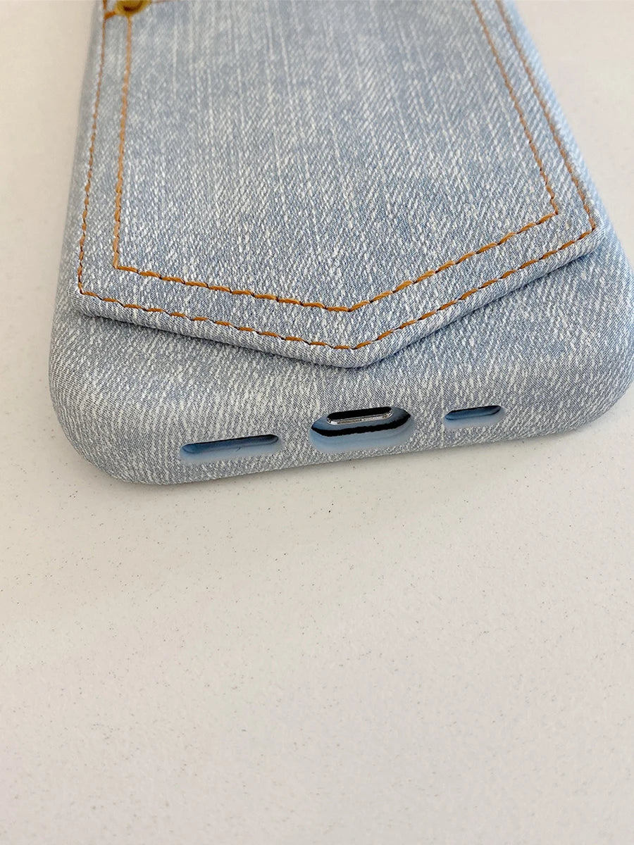 Luxury Denim Leather Card Bag Case For iPhone