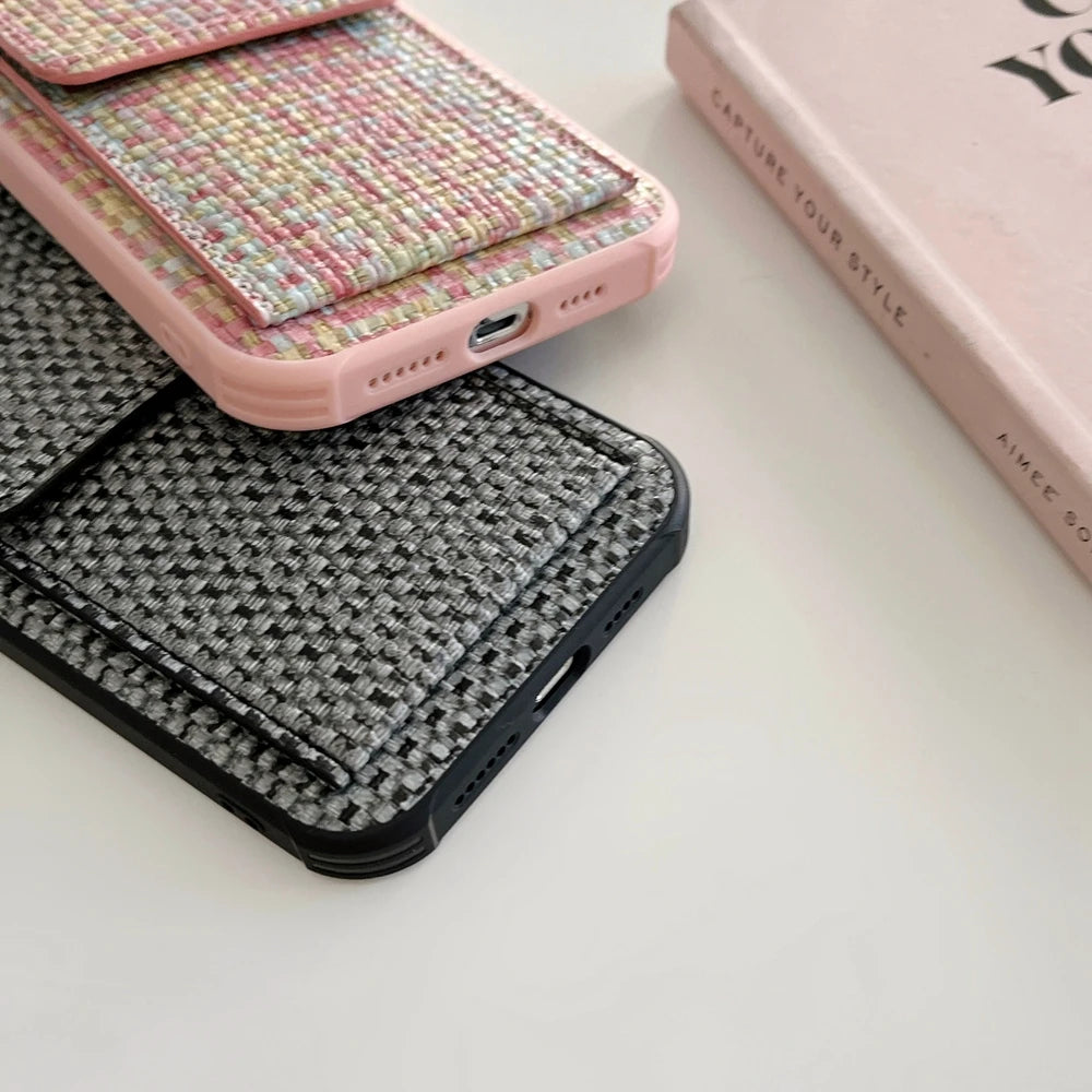 Card Slot Bag Holder Weave Pattern Case For iPhone Shockproof Wallet Cover