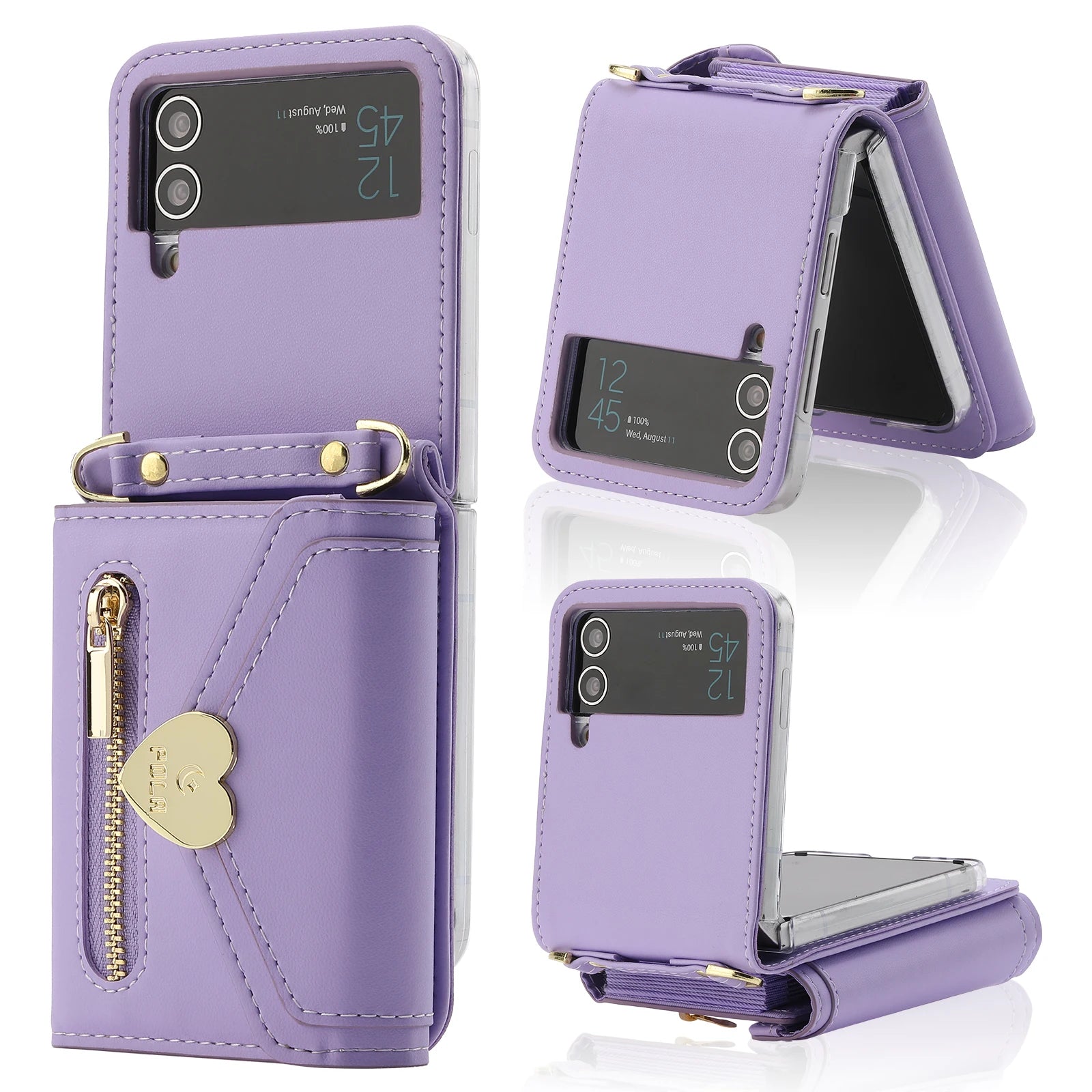 Zippered Cards Wallet Phone Case for Samsung Galaxy Z Flip5 Flip6 Flip4 Hinge Coverage Leather Cover With Strap