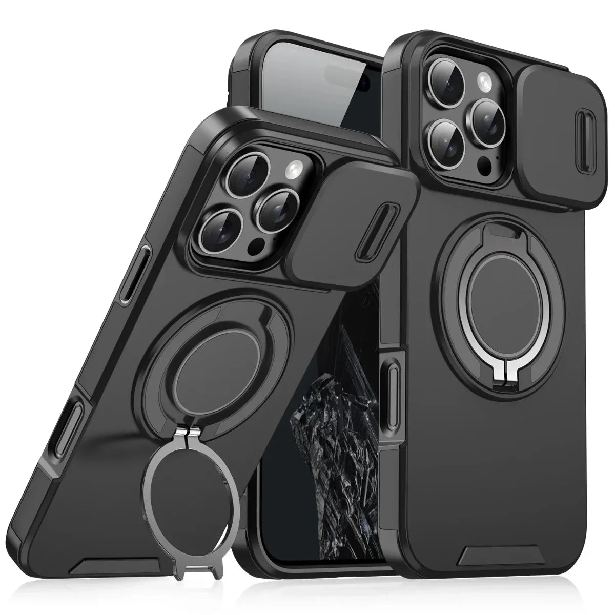 Armor Magnetic Bracket Case for iPhone 16 14 13 12 11 15 Pro Max Plus With Lanyard Slide Camera Protection Shockproof Cover