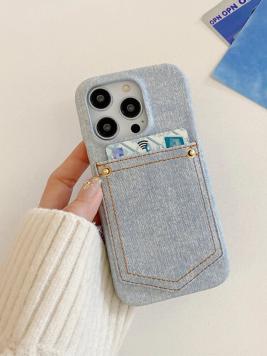 Luxury Denim Leather Card Bag Case For iPhone