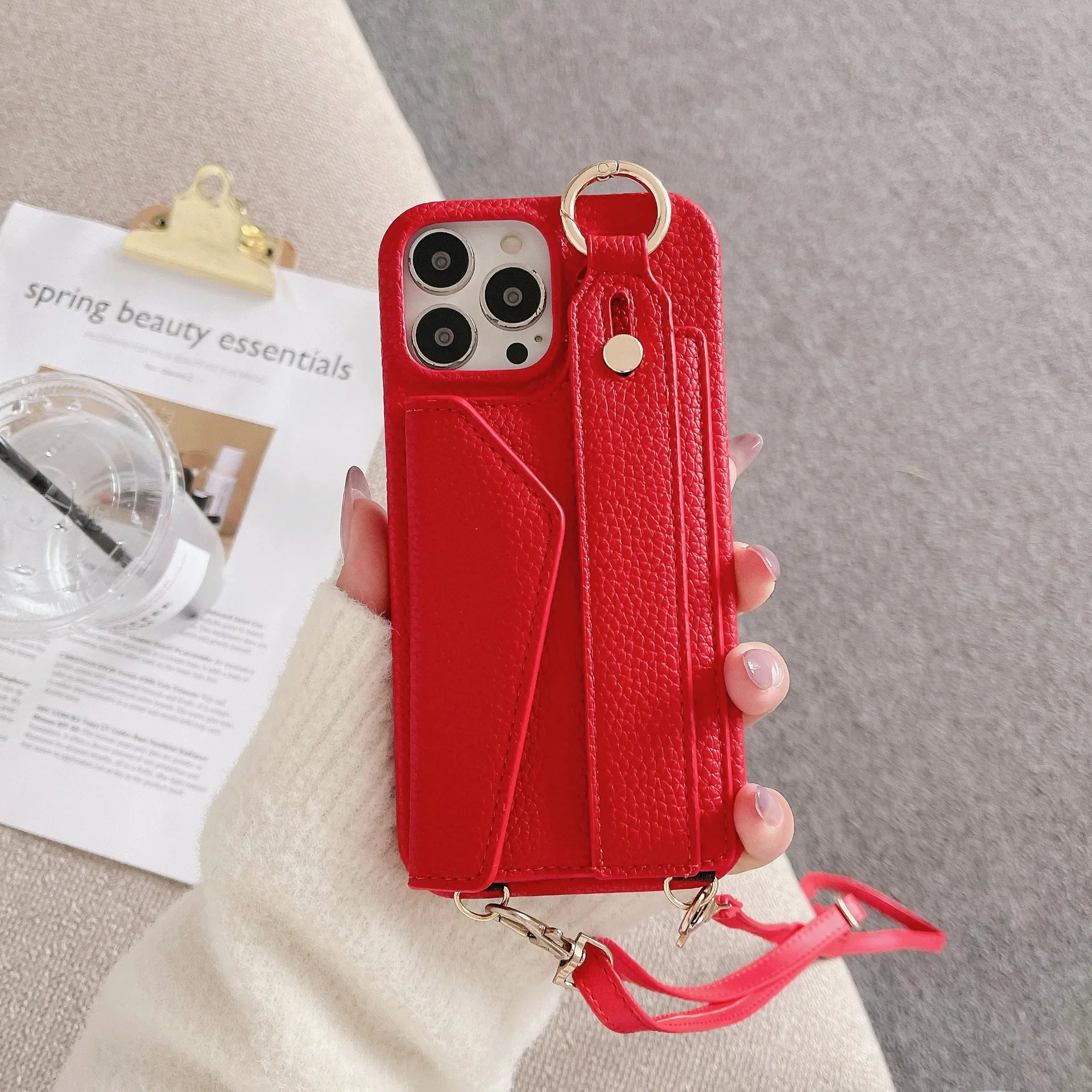 Ring Crossbody Wrist Strap Wallet Leather Cover for IPhone 16 15 14 13 12 11 Pro Max Phone Case with Card Slot Holder Lanyard