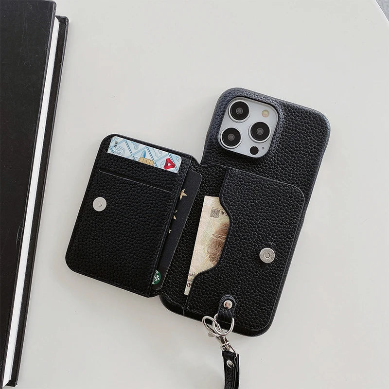 Wrist Strap Wallet Phone Case for iPhone, Luxury Litchi Patterned Shockproof PU Leather Cover