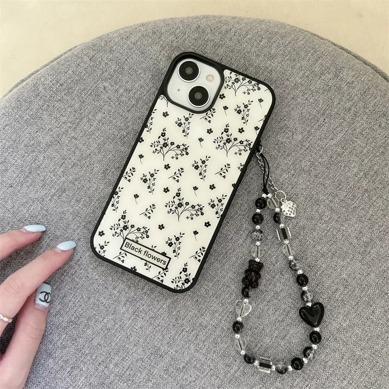 Retro girls black flowers wildflower Bracelet Phone Case For iPhone Case Sweet cartoon shockproof Cover