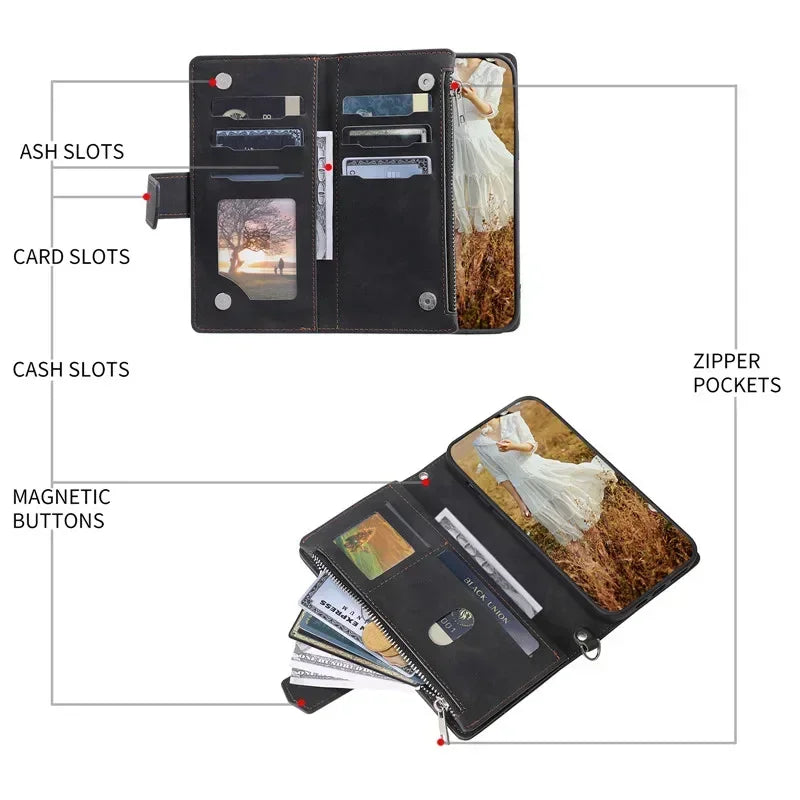 Zippered Multi-Card Slots Flip Leather Phone Case for iPhone Lozenge Wallet Card Holder with Long Lanyard, Short Bracelet