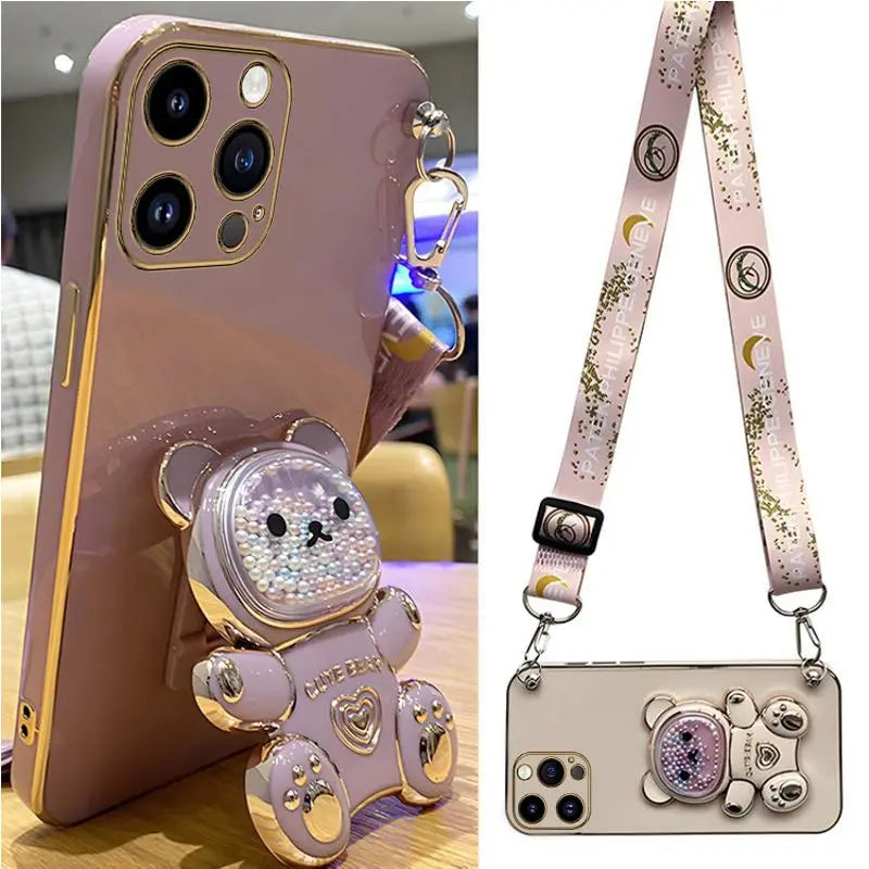 Quicksand Bear Holder Lanyard Phone Case For iPhone Strap Stand Cover