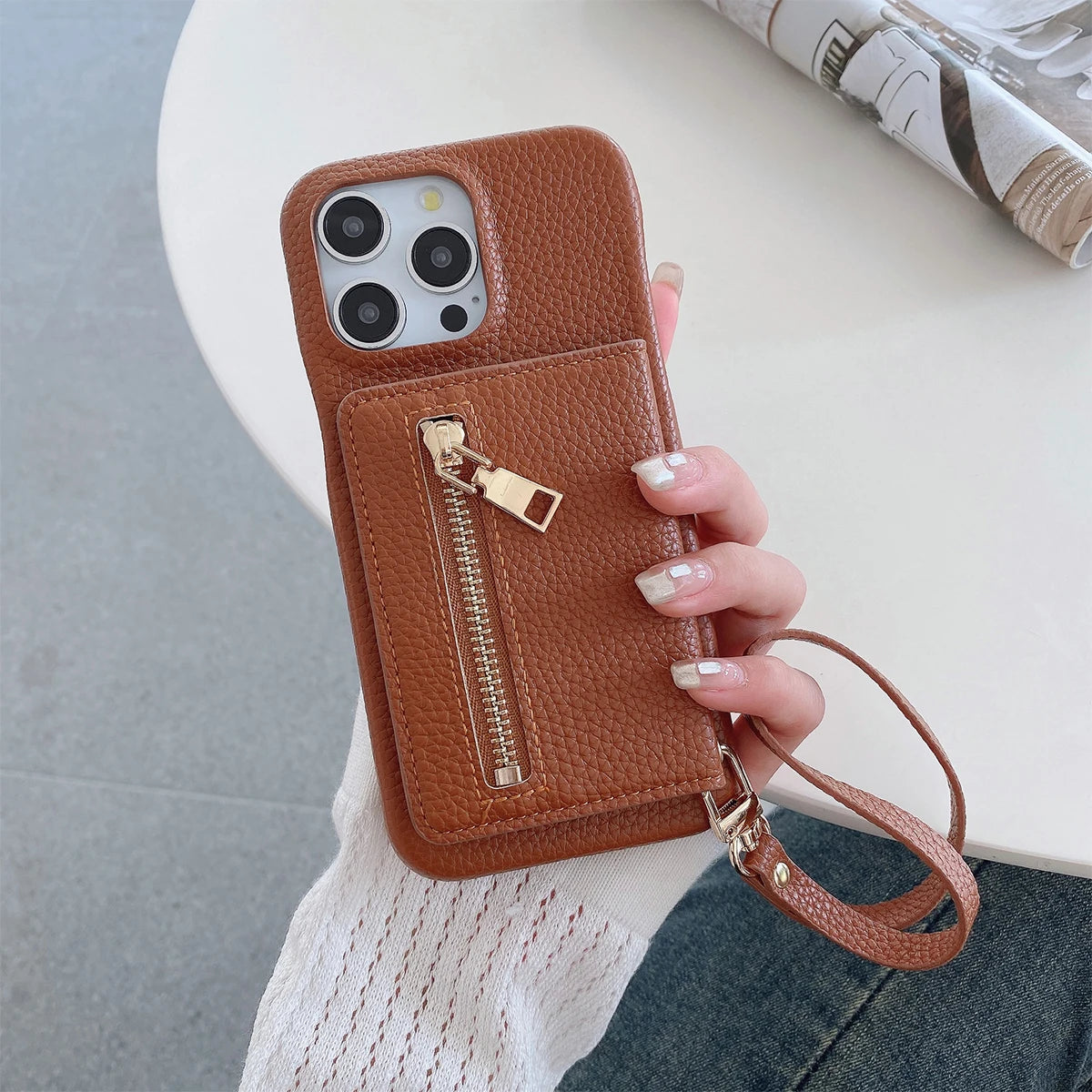 Luxury Lanyard Fold Card Holder PU Leather Case For iPhone Lichee Pattern Mirror Zipper Cover