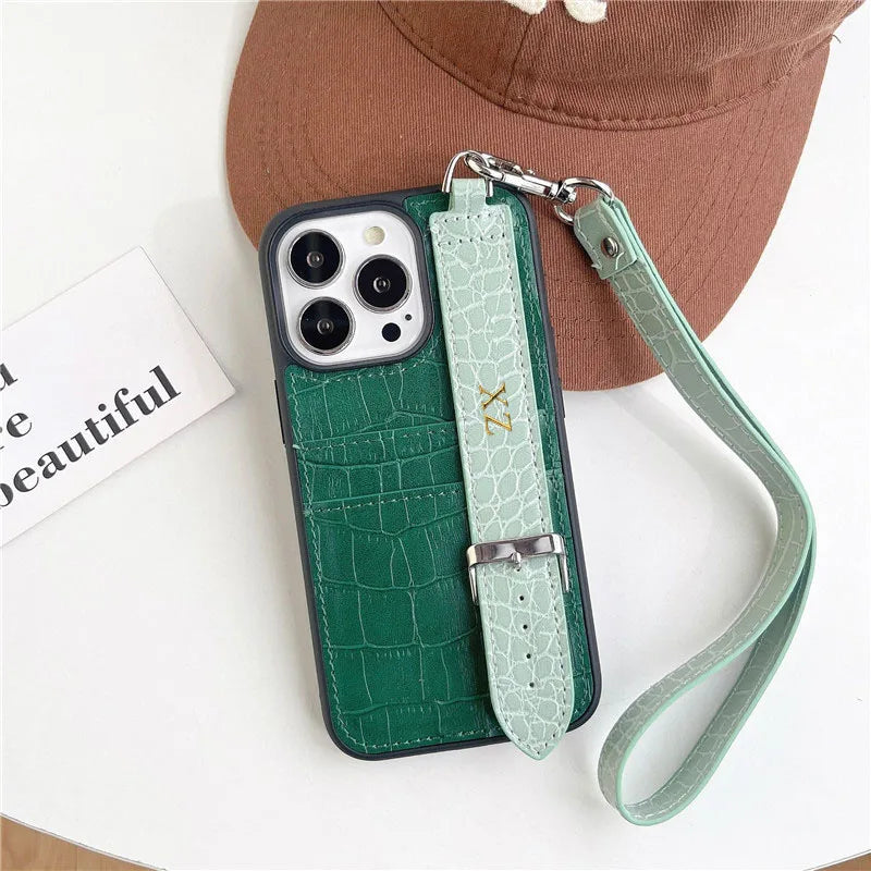 Customized Gold Letters PU Leather Card Holder Cases For iphone 12 13 14 15 16 Pro Max Pro Plus Luxury Wrist Strap hard Cover