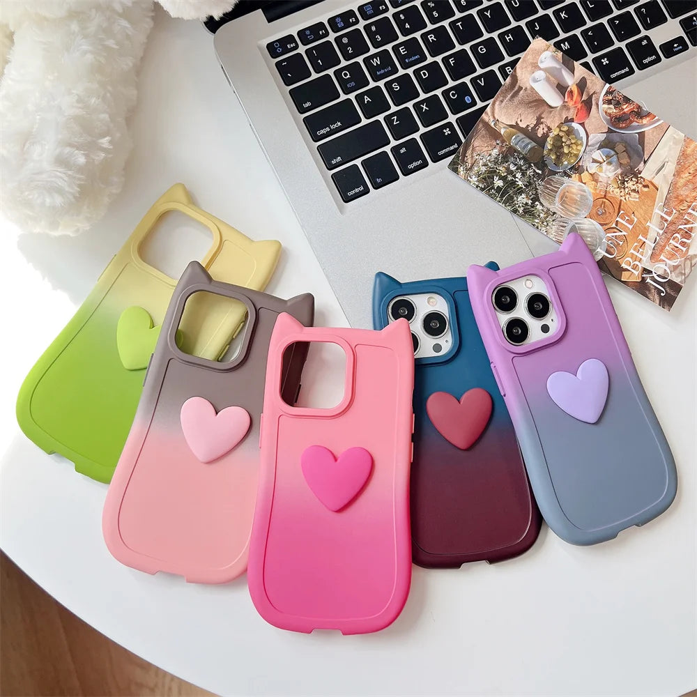 iPhone Case Cute Creative Gradient Cat Ears Heart Love Phone Case for iPhone 15 14 13 12 11 Pro Max Soft TPU Cartoon Protective Back Cover