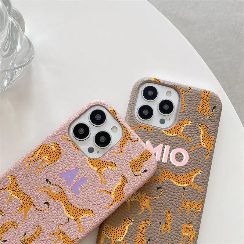 Personalized Initial Letter Pebble Grain Leather Leopard Case for iPhone 11, 12, 13, 14, 15, 16 Pro Max Luxury Hard Cover