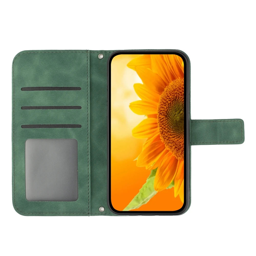 Sunflower Leather Wallet Flip Phone Case for iPhone 16 15 14 13 12 11 Pro Max Plus Mini X XR – Card Holder, Shockproof, Stand, Magnetic Closure