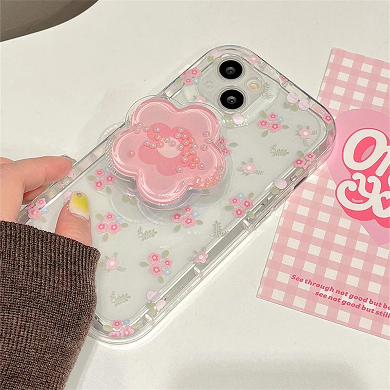 Cute Quicksand Pink Flower Holder Phone Case For iPhone Stand Floral Clear Soft Cover