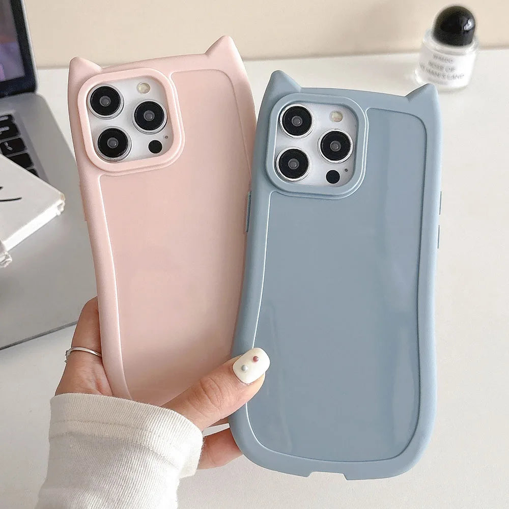 Cute Cartoon 3D Cat Ear Phone Case, Animal Design Matte Soft Silicone Protection Cover