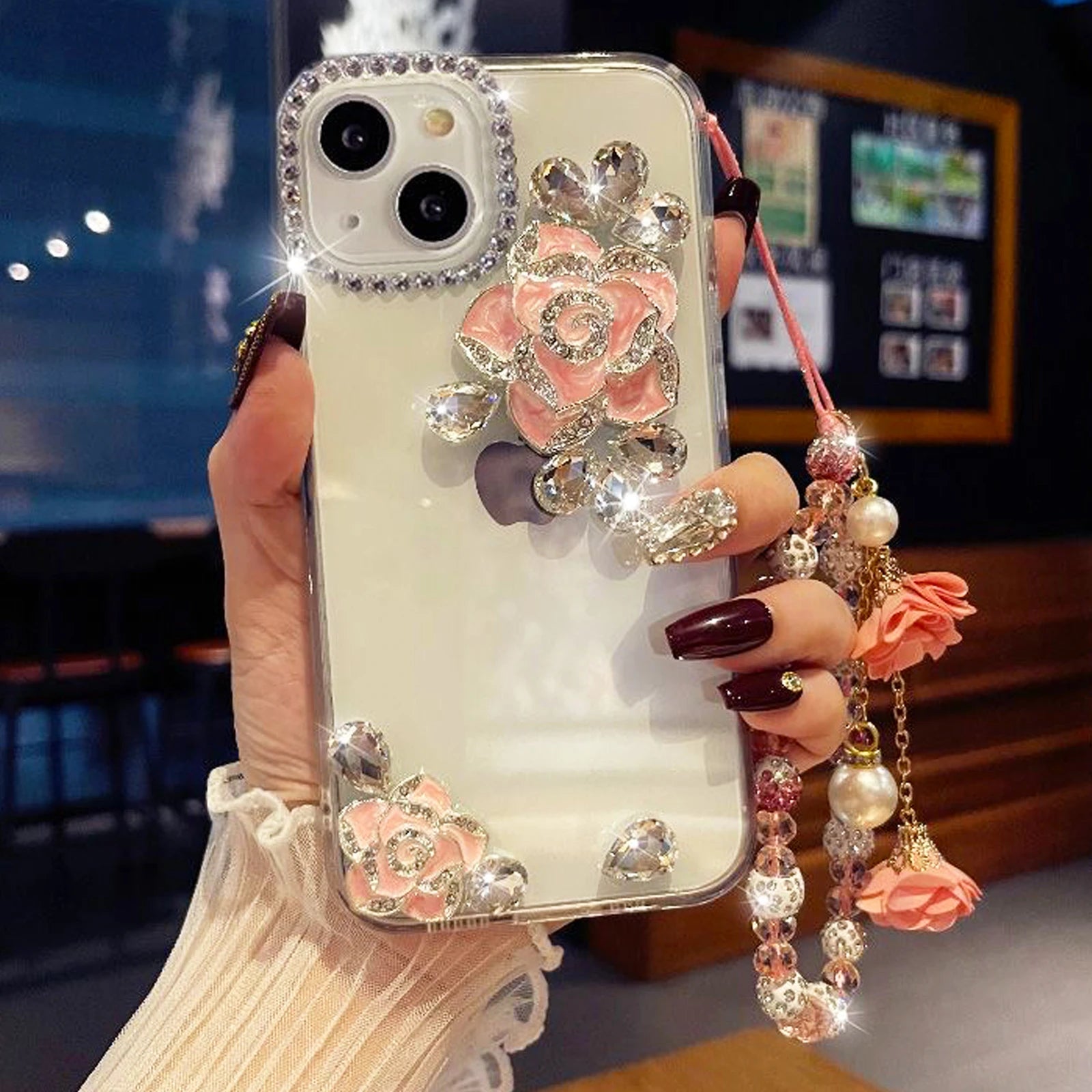 Bling Luxury Glitter Diamond Camellia Flower Strap Phone Case For iPhone Rotector Cover