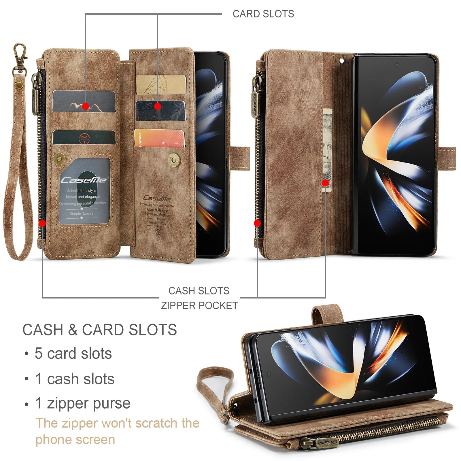 Durable PU Leather Flip Case For Samsung Galaxy Z Fold Lanyard Strap Zipper Card Slot Magnetic Wallet Cover