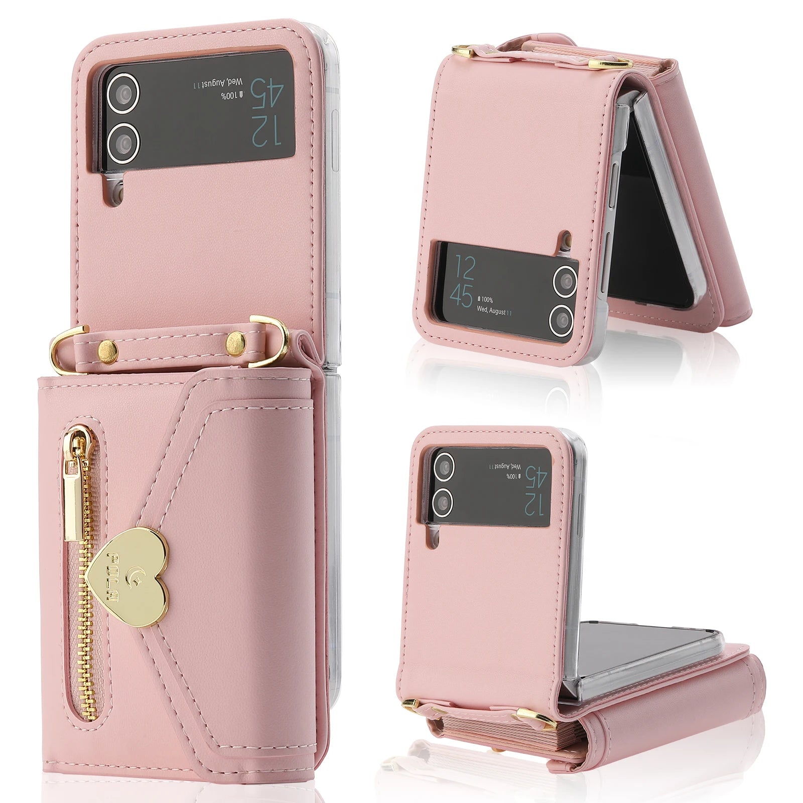 Zippered Cards Wallet Phone Case for Samsung Galaxy Z Flip5 Flip6 Flip4 Hinge Coverage Leather Cover With Strap