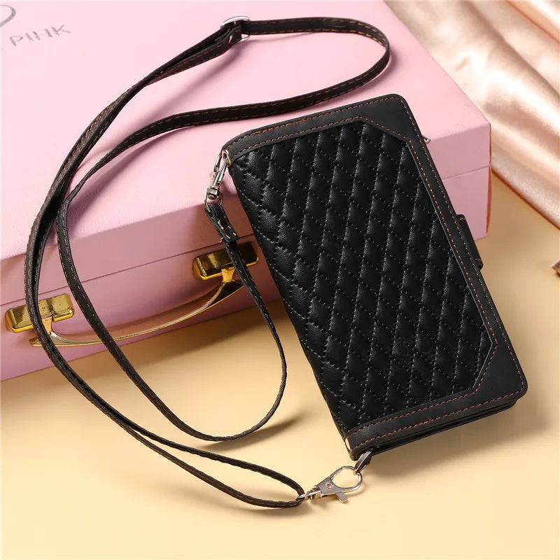 Zippered Multi-Card Slots Flip Leather Phone Case for iPhone Lozenge Wallet Card Holder with Long Lanyard, Short Bracelet