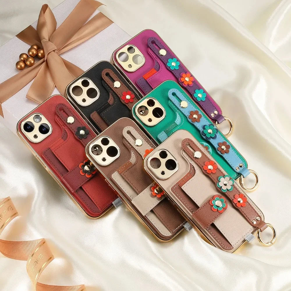 Flower Leather Wallet Phone Case For iPhone 15 14 13 12 11 Pro Max Plus Wrist Strap Ring Card Slot Holder PU Cover