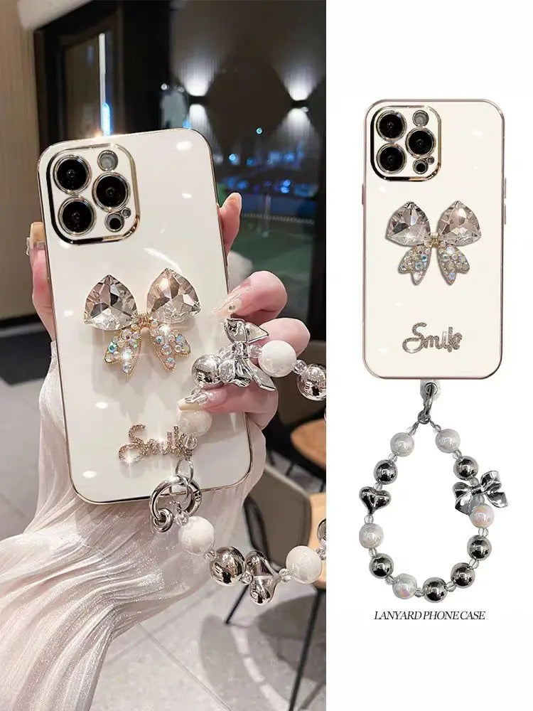 Luxury Crystal  Bow Diamond Bracelet Pearl Wrist Soft Phone Case For iPhone