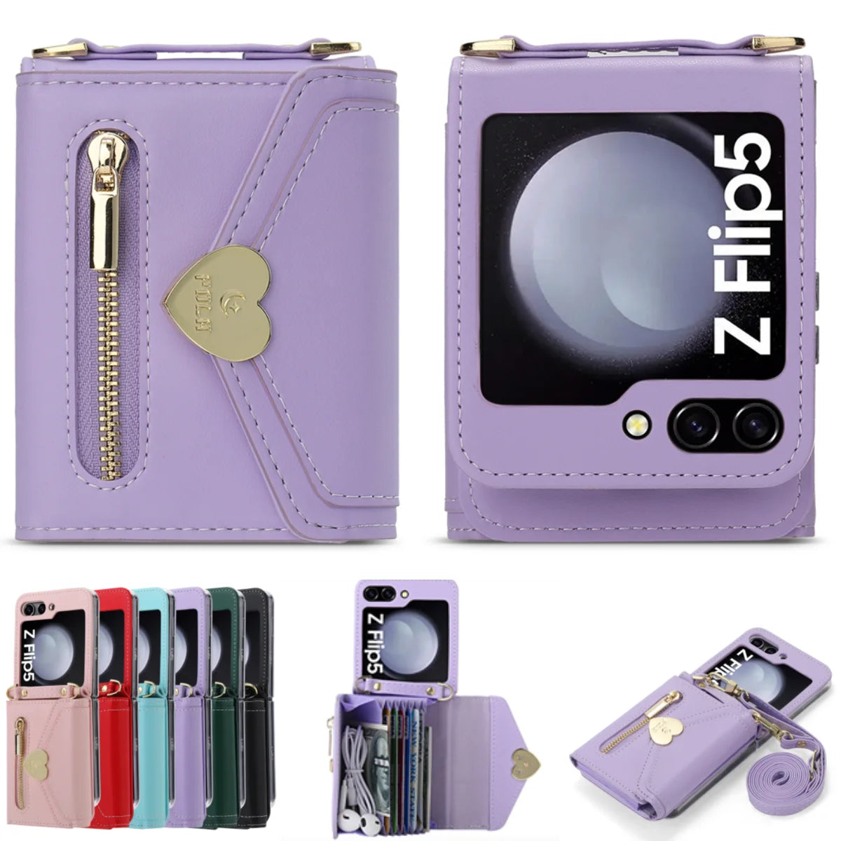 Zippered Cards Wallet Phone Case for Samsung Galaxy Z Flip5 Flip6 Flip4 Hinge Coverage Leather Cover With Strap