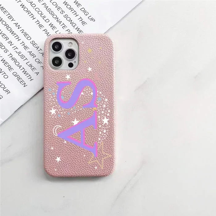 Personalised Initial letters Pebble Grain Leather Case for iphone 11 12 14 13 15 16Pro Max XS Max XR 16 Plus Covers Moon & Stars